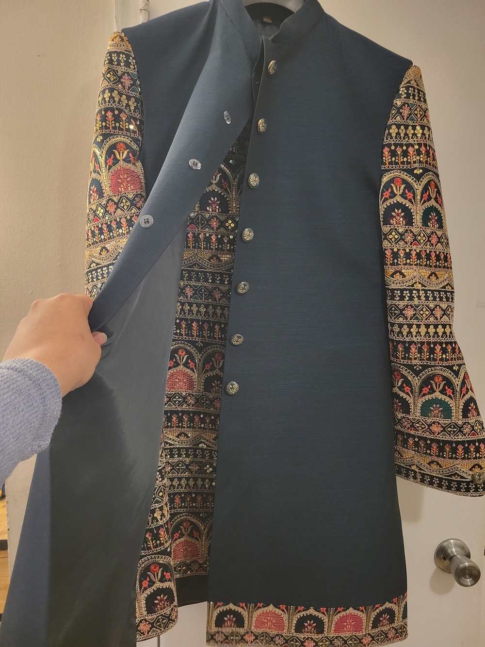Men's Navy Dark Green Kurta Suit Sherwani Wedding Wear With Pants And Travel Bag